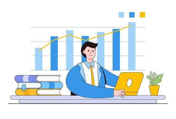 male-office-workers-are-studying-the-infographics-the-analysis-of-the-evolutionary-scale-illustration-of-business-graphics-distance-learning-and-education-vector